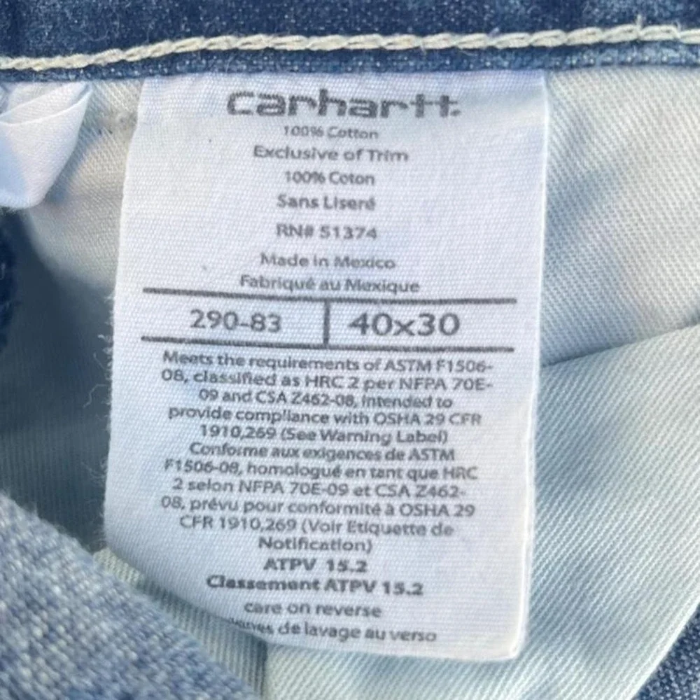 Men's Carhartt FR Work Jeans Blue Denim ARC 2 NFPA 2112 Flame Resistant 40x30